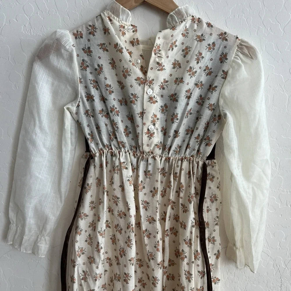 Vintage 70s JCPenney Prairie Velveteen Floral Ruffled Lace Long Girls Dress SZ 8